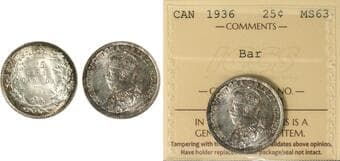 1936 25¢ "Bar" ICCS Choice Mint State-63. Brilliant and lustrous with champagne tone throuhout. The "Bar" variety is...