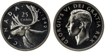 1949 25¢ PCGS Gem Specimen-65. Fully brilliant surfaces with strong reflective surfaces. Estimate: 400 - AND UP CAD