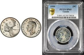 1950 25¢ PCGS Gem Specimen-65. Fully brilliant surfaces with strong reflective surfaces. Estimate: 400 - AND UP CAD