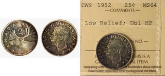 1952 25¢ "Low Relief; Dbl HP" ICCS Choice Mint State-64. Mostly brilliant with strong original luster and minimal...