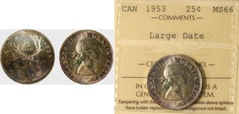 1953 25¢ "Large Date" ICCS Superb Gem Mint State-66. Delicate toning over full lustre. Estimate: 500 - AND UP CAD