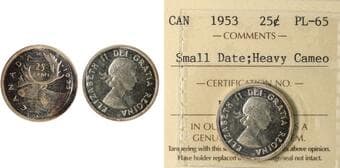 1953 25¢ "Small Date" ICCS Gem Proof-Like-65 Heavy Cameo. Fully brilliant surfaces with strong cameo contrast. ...