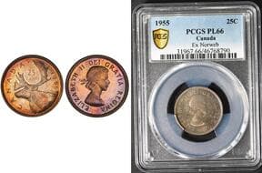 1955 25¢ PCGS Superb Gem Proof-Like-66. EX NORWEB example. Estimate: 100 - AND UP CAD