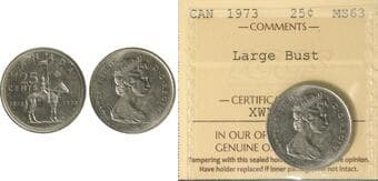 1973 25¢ "Large Bust" ICCS Choice Mint State-63. A nice and lustrous example of this popular variety. Estimate: 700...