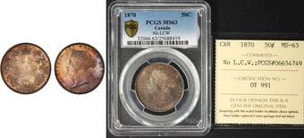 1870 50¢ 'No LCW" PCGS Choice Mint State-63, Accompanied by ICCS tag. This is the sole example certified by PCGS at...