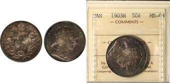 1903H 50¢ ICCS Choice Mint State-64. Attractive deep red and blue toning across both obverse and reverse. The...