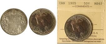 1905 50¢ ICCS Choice Mint State-63. Light russet, champagne, and emerald toning graces the obverse, while the reverse...
