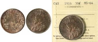 1916 50¢ ICCS Choice Mint State-64. The coin exhibits strong original mint luster with attractive, even toning that...