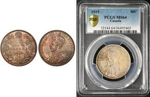 1919 50¢ PCGS Choice Mint State-64 - Attractive champagne and russet toning, with soft golden and warm copper hues...