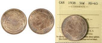 1938 50¢ ICCS Gem Mint State-65. The coin is enhanced by attractive and vibrant pink and gold toning, which adds...