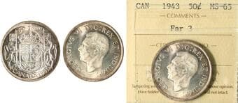 1943 50¢ "Far 3" ICCS Gem Mint State-65. Strong mint luster with a predominantly brilliant, well-preserved surface....