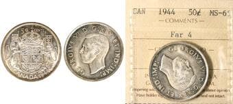 1944 50¢ "Far 4" ICCS Gem Mint State-65. Fully brilliant and lustrous. Estimate: 750 - AND UP CAD