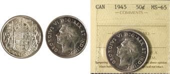 1945 50¢ ICCS Gem Mint State-65. Strong mint luster with a predominantly brilliant, well-preserved surface. Light,...