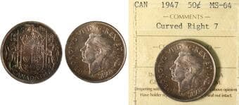 1947 50¢ "Curved Right 7" ICCS Choice Mint State-64. The coin displays pleasing, natural toning that enhances its...