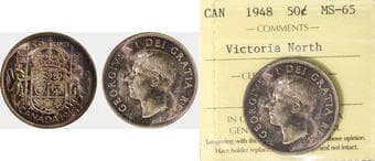 1948 50¢ ICCS Gem Mint State-65 - Light champagne and subtle purple toning with attractive, even coloration across the...