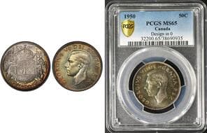 1950 50¢ "Design in O" PCGS Gem Mint State-65. The piece is enhanced by vibrant and attractive toning, displaying a...