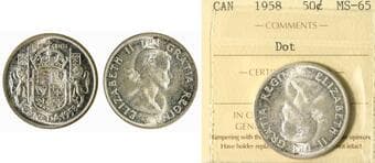 1958 50¢ "Dot" ICCS Gem Mint State-65. This piece presents strong eye appeal with bright, blast-white surfaces and...