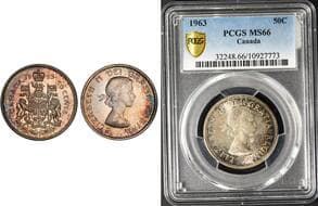 1963 50¢ PCGS Superb Gem Mint State-66. The coin exhibits strong overall preservation with vibrant original mint...