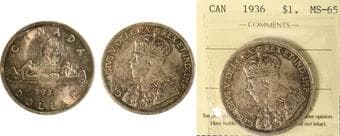 1936 $1 ICCS Gem Mint State-65. The coin displays a delicate and attractive mix of champagne and subtle emerald...
