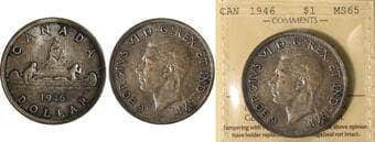 1946 $1 ICCS Gem Mint State-65. Beautifully preserved example graded ICCS MS-65, exhibiting strong eye appeal with...
