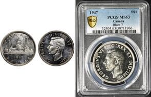 1947 $1 "Blunt 7" PCGS Choice Mint State-63. Brilliant and Lustrous example. Estimate: 400 - AND UP CAD