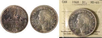 1948 $1 ICCS Gem Mint State-65. This superb example exhibits delicate light pink and warm russet toning gracefully...