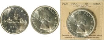 1955 $1 "Arnprior" with Die Break variety, ICCS Gem Mint State-65. Brilliant and lustrous example with strong mint...