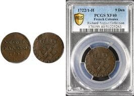 French Colonies; 1722/1H - 9 Deniers PCGS EF40. A very scarce issue, particularly desirable in this well-preserved...