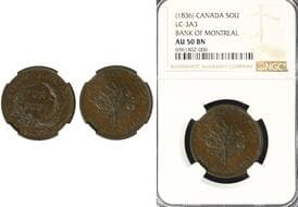LC-3A3, (1836) CANADA SOU - Bank of Montreal NGC AU50 Estimate: 100 - AND UP CAD