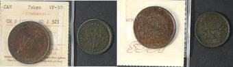 LC-9C2 Breton 521 ICCS VF30 & LC-45 Breton 670. Both tokens EF40. The penny is ICCS graded. Estimate: 200 - AND UP...