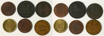 Group of 6 "Post Confederation" tokens. Includes Breton# 572, 574, 585, 587, 589, 747. - All Very Fine to...