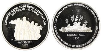 Medal; 2016 RCNA Medal - Gatineau-Ottawa. Obverse; Voyageur and Indigenous man paddling a canoe past an island. ...