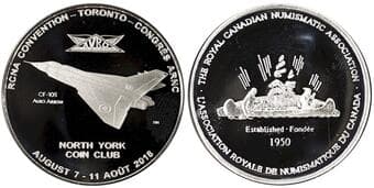 Medal; 2018 RCNA Medal - Toronto. Obverse; Voyageur and Indigenous man paddling a canoe past an island. Reverse;...