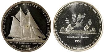 Medal; 2015 RCNA Medal -Halifax. Obverse; Voyageur and Indigenous man paddling a canoe past an island. Reverse;...