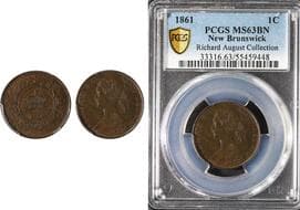 N.B. 1861 1¢ PCGS MS63BN. - Lustrous brown example. Ex. Richard August Collection. Estimate: 325 - AND UP CAD