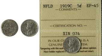 Nfld; 1919-C 5¢ ICCS EF45 Brilliant and lustrous example. Estimate: 250 - AND UP CAD