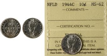 Nfld; 1944-C 10¢ ICCS MS62. Brilliant and lustrous example. Estimate: 400 - AND UP CAD