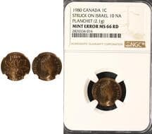 Error; 1980 1¢ NGC MS66 "Struck on Israel 10 cent Planchet" 2.1 Grams Estimate: 200 - AND UP CAD