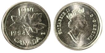 Error; 1994 1¢ MS60 or better "Struck on 10 cent Planchet" 2.13 Grams Estimate: 200 - AND UP CAD