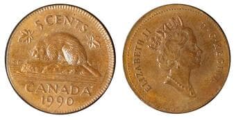 Error; 1990 5¢ Struck on Foreign Planchet. Need weight. Estimate: 200 - AND UP CAD