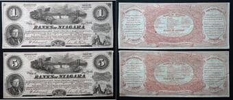 USA Advertising Note; USA; 1860's 2 & 5 units Banks of Niagara, N.Y. advertising scrip, Vboth notes AU-UNC for grades. ...