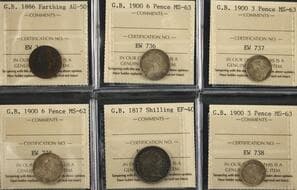 Great Britain; Group of 6 coins comprising denominations of Farthing, 3 Pence, 6 Pence, and Shilling. All coins are...