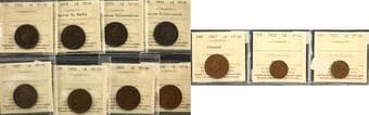 1858–1923 1¢ Group of 11 Coins - A collection of 11 Canadian large cents, all certified by ICCS and graded from VG-8...