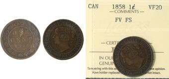 1858 1¢ ICCS VF20 "Full Vine - Full Stem" Estimate: 300 - AND UP CAD