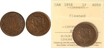 1858 1¢ ICCS AU55 - Lightly cleaned. Estimate: 400 - AND UP CAD