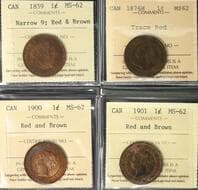 1859 1¢ "Narrow 9", 1876H, 1900, 1901 - Lot of 4 ICCS MS62 graded coins. Estimate: 400 - AND UP CAD