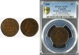 1888 1¢ "Middle 8 Repunched w/Bead Punch" - PCGS AU53 Estimate: 75 - AND UP CAD