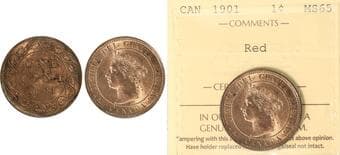 1901 1¢ ICCS MS65 Red. A nice and attractive example. Estimate: 600 - AND UP CAD