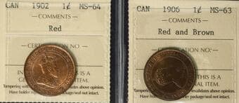 1902 1¢ MS64 Red, 1906 ICCS MS63RB- Lot of 2 coins. Estimate: 250 - AND UP CAD
