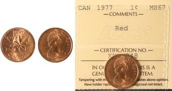 1977 1¢ ICCS MS67 Full Red. Another Full blazing red. A true "wow" coin-extremely flashy.
Estimate: 150 - AND UP...